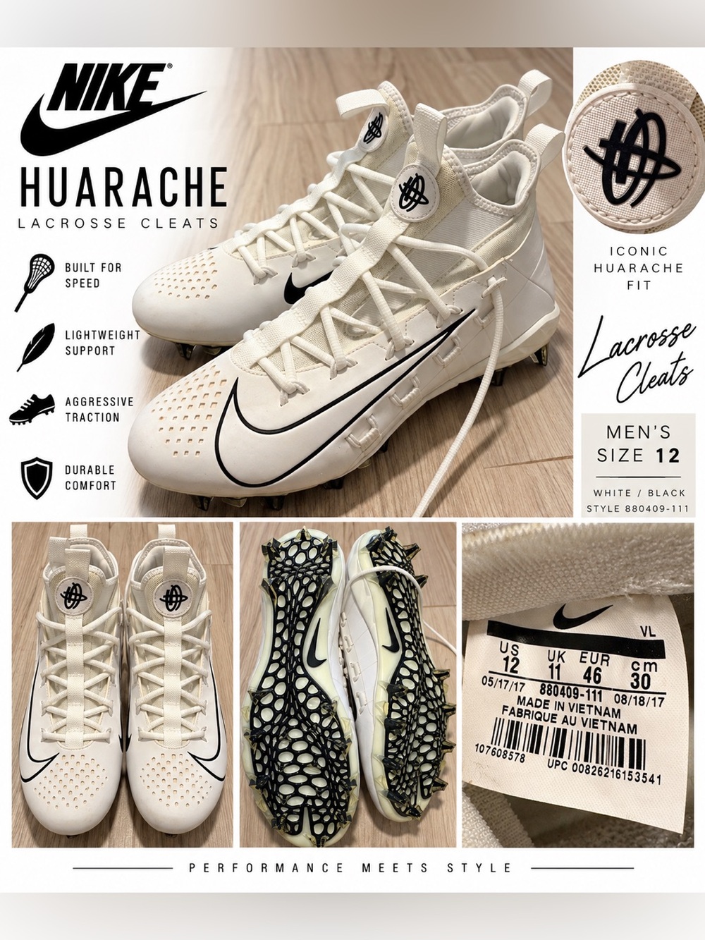 Nike Huarache Men’s Lacrosse Cleats — White/Black
